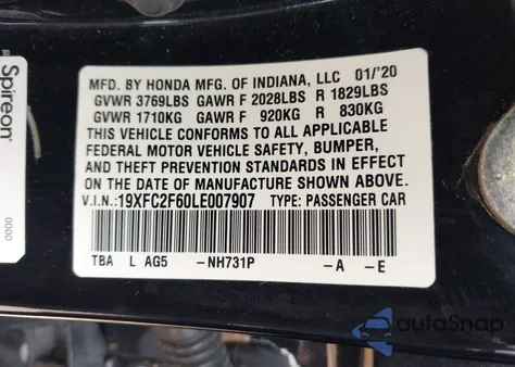 2020 Honda Civic Lx from USA, damaged, VIN 19XFC2F60LE007907
